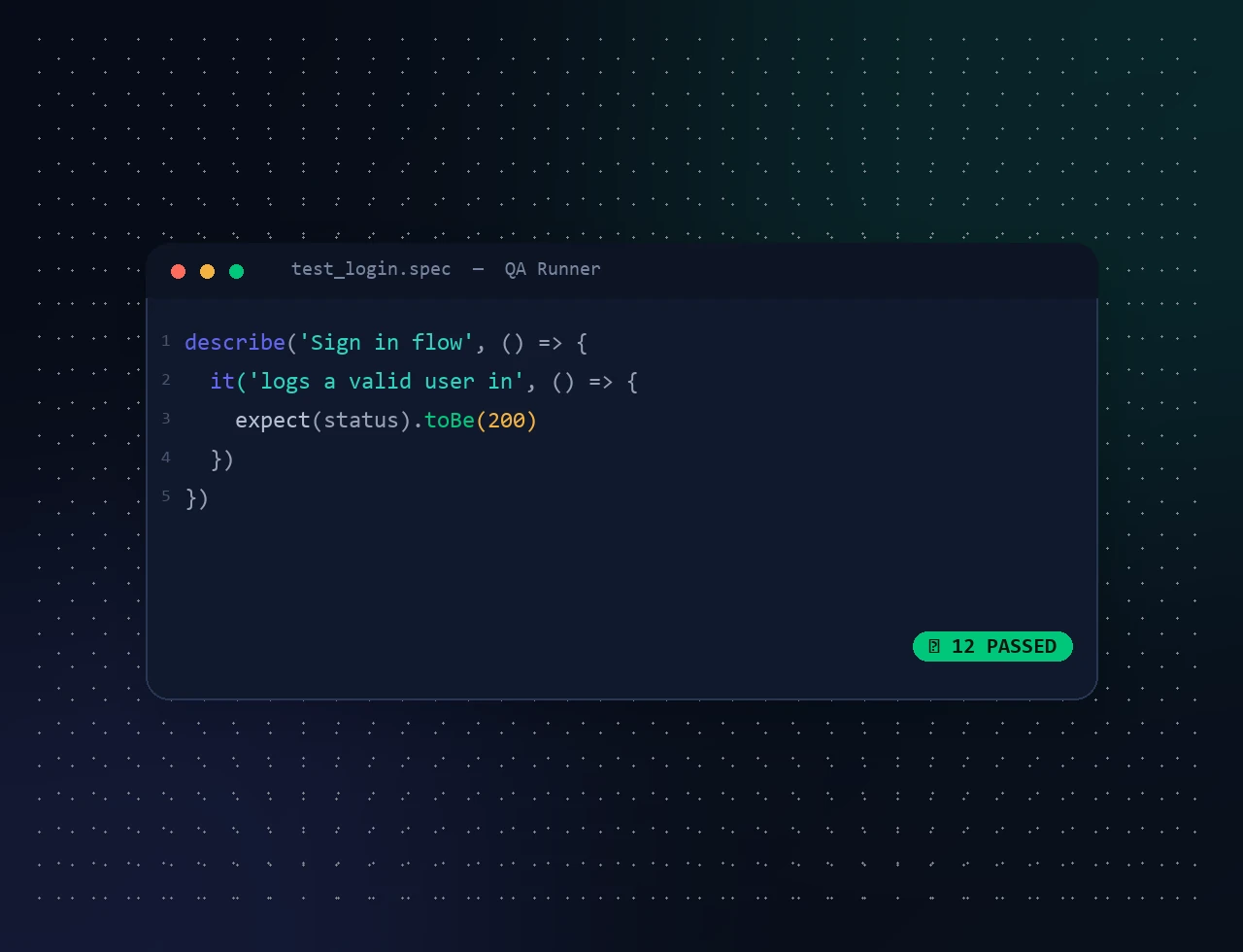 QA test runner showing a passing sign-in test suite in a code editor